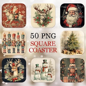 May include: Set of 50 square Christmas-themed coasters featuring images of Santa Claus, reindeer, nutcrackers, snowmen, and Christmas trees. The coasters are printed in a vintage style.