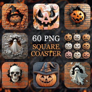 Puede incluir: Un conjunto de nueve posavasos cuadrados con temática de Halloween. Los posavasos presentan imágenes de un gato con sombrero de bruja, una calabaza tallada, un fantasma, una calavera y el texto "60 PNG SQUARE COASTER".