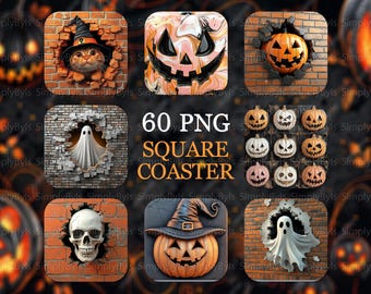 Sottobicchiere quadrato di Halloween 3D png, sublimazione del sottobicchiere quadrato di Halloween, disegni di sublimazione del pacchetto sottobicchiere quadrato di Halloween