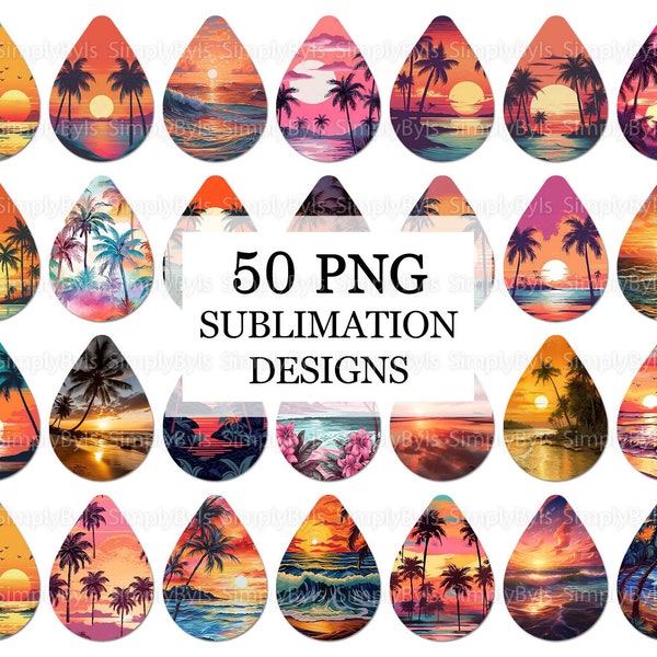 Retro Sunset Beach Earrings Sublimation, Summer Earrings Teardrop png, Earrings Designs Palm Trees, Earrings Bundle, Tear Drop Earrings