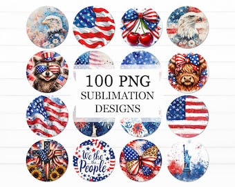 Pacchetto di sottobicchieri patriottici in formato PNG, disegni per sublimazione per il 4 luglio, inserti rotondi per sottobicchieri, bandiera americana, PNG USA, Giorno dell'Indipendenza