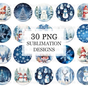 May include: Thirty watercolor winter-themed sublimation designs featuring snowmen, snowflakes, polar bears, deer, and pine trees. The designs are perfect for creating mugs, t-shirts, and other personalized items.