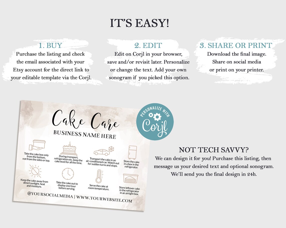 Cake Care Card Cake Instructions Editable Cake Care Card Etsy