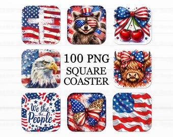 Pacchetto di sottobicchieri patriottici in formato PNG, disegni per sublimazione per il 4 luglio, disegni per sottobicchieri quadrati, bandiera americana, aquila, PNG USA, Giorno dell'Indipendenza