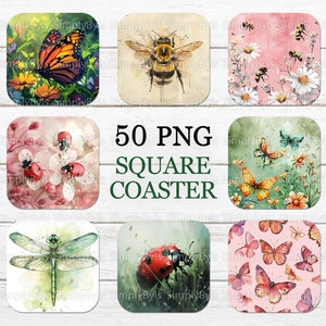 May include: 50 square coasters with various designs featuring butterflies, ladybugs, bees, and flowers. The coasters are printed on a white background.