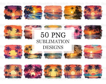 Disegni di sublimazione retrò di tramonti sulla spiaggia, sfondi estivi png, sfondi di sublimazione dell'oceano, download di disegni di stampa di palme