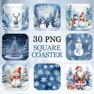 Peut inclure: Ensemble de 30 sous-verres carrés sur le thème de l'hiver avec des illustrations à l'aquarelle de bonhommes de neige, un cerf, un sapin de Noël, des flocons de neige et le Père Noël. Les sous-verres sont parfaits pour ajouter une touche festive à votre décoration intérieure.