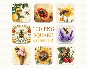 Pacchetto di sottobicchieri PNG con api, disegni floreali con api, clipart botaniche di api, estetica vintage a tema miele, sottobicchieri quadrati per sublimazione