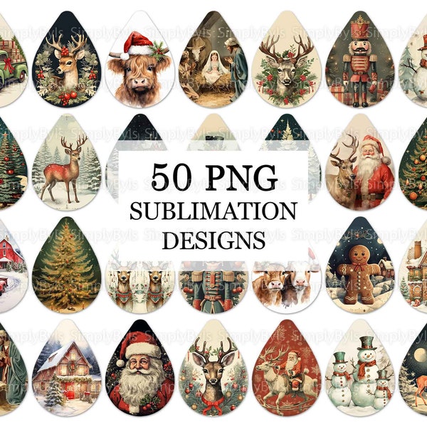 Christmas Earrings Sublimation Designs, Christmas Earrings Teardrop png, Vintage Christmas Earring png, Retro Earrings Tear Drop Bundle