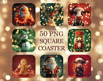 Sottobicchieri quadrati di Natale png, Disegni di sottobicchieri di Natale, Sottobicchieri di Natale 3D png, Sottobicchieri quadrati con luci di Natale stampati a sublimazione