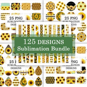 May include: A digital download bundle of 125 sunflower sublimation designs. The designs include various patterns, shapes, and sizes, perfect for creating unique crafts and projects.