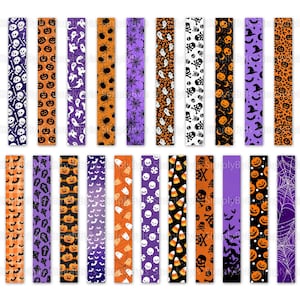 May include: Set of 24 Halloween themed digital papers. The papers feature various patterns including pumpkins, skulls, bats, ghosts, candy corn, spiders, and more. The papers are in a variety of colors, including orange, black, purple, and white.