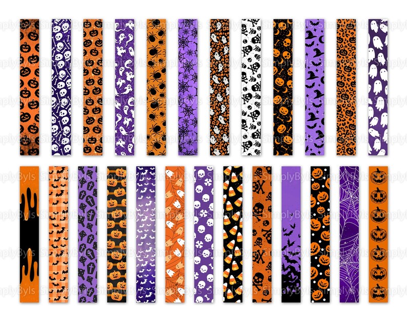 May include: Set of 24 Halloween themed digital papers. The papers feature various patterns including pumpkins, skulls, bats, ghosts, candy corn, spiders, and more. The papers are in a variety of colors, including orange, black, purple, and white.