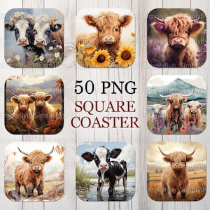 May include: Set of square coasters featuring watercolor illustrations of Highland cows. The coasters showcase various cow portraits with floral accents and autumn landscapes. The text "50 PNG SQUARE COASTER" is also visible.