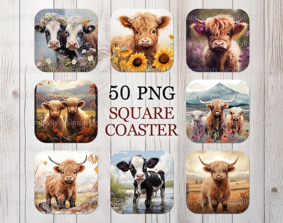 Cow Square Coaster Bundle, Highland Cow Coasters png, Farm Cow Square Coaster Sublimation Designs, Dairy Cow Coaster Design png