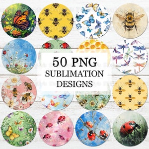 May include: 50 PNG sublimation designs featuring a variety of insects and floral patterns. The designs include butterflies, bees, dragonflies, ladybugs, and flowers in shades of pink, yellow, blue, green, and white.