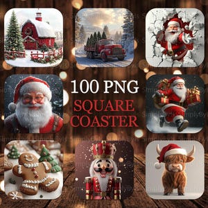 May include: Set of 100 square coasters featuring a variety of Christmas themes. The coasters include images of Santa Claus, a gingerbread man, a nutcracker, a Highland cow, and a red barn with snow.