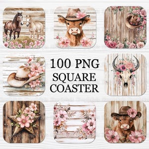 May include: Set of 100 square coasters featuring a variety of designs with a western theme. The designs include a cowgirl hat, a skull with flowers, a cow, horses, and floral arrangements. The coasters are made of wood and have a rustic look.