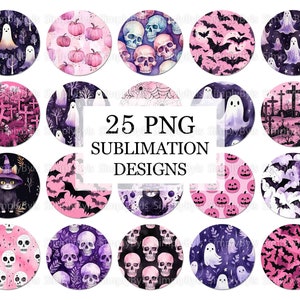 May include: 25 Halloween themed sublimation designs featuring various patterns including ghosts, bats, skulls, pumpkins, and crossbones. The designs are in shades of pink, purple, and black.