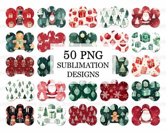 May include: 50 PNG sublimation designs featuring various Christmas themes, including nutcrackers, gingerbread men, Santa Claus, ornaments, presents, and Christmas trees. The designs are in a variety of colors, including red, green, white, and gold.