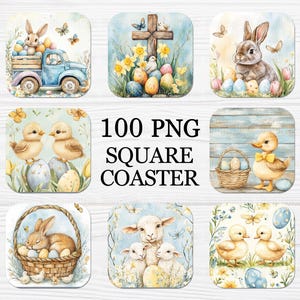 May include: Set of 100 square coasters featuring various Easter-themed designs. The designs include bunnies, chicks, eggs, and crosses. The coasters are made of a durable material and are perfect for adding a touch of spring to your home.