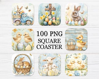 Oster-Untersetzer-Set (quadratisch), Oster-Untersetzer (PNG), Sublimationsdesigns für Oster-Untersetzer (quadratisch), Frühlings-Untersetzerdesign