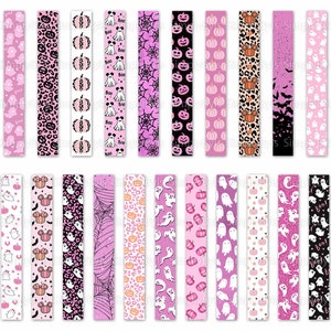 May include: A set of 20 printable Halloween themed digital papers. The papers feature a variety of designs, including pumpkins, ghosts, bats, and Mickey Mouse ears. The papers are all in shades of pink and white.