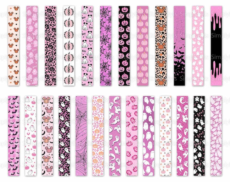 May include: A set of 20 printable Halloween themed digital papers. The papers feature a variety of designs, including pumpkins, ghosts, bats, and Mickey Mouse ears. The papers are all in shades of pink and white.
