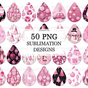 Christmas Earrings Sublimation Designs, Christmas Earrings Teardrop png, Pink Christmas Earrings Bundle, Christmas Tear Drop Earring