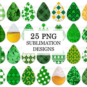May include: 25 PNG sublimation designs featuring various St. Patrick's Day themed patterns, including shamrocks, clovers, checkered patterns, and gold horseshoes. The designs are in a teardrop shape.