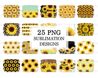 Puede incluir: 25 Diseños de Sublimación PNG con varios patrones de girasoles. Los diseños incluyen girasoles sobre un fondo blanco, girasoles sobre un fondo negro, girasoles sobre un fondo de madera, girasoles sobre un fondo de estampado de leopardo, girasoles sobre un fondo de cuadros y girasoles sobre un fondo a rayas.
