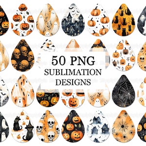 Halloween Earrings Sublimation, Spooky Earrings Teardrop png, Earrings Designs Pumpkin Ghost Skull, Halloween Watercolor Earrings Bundle