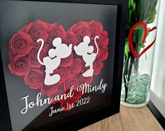 Mickey and Minnie Gift Unique Wedding Gift Heart Floral Shadow Box Personalized Gift Anniversary Birthday Valentines Day Gift Disney Gift