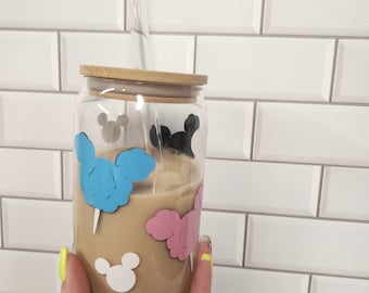 Mickey Mouse Iced Coffee Glass | 16 oz Beer Can Glass with Straw