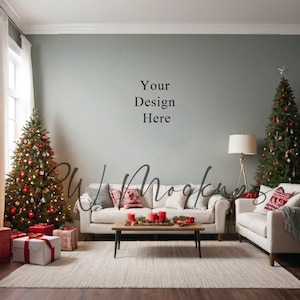 Christmas living room Blank Wall Mockup, Empty Wall Mockup, christmas living room Mockups, Mockup for Digital Art and Farmhouse Mockup