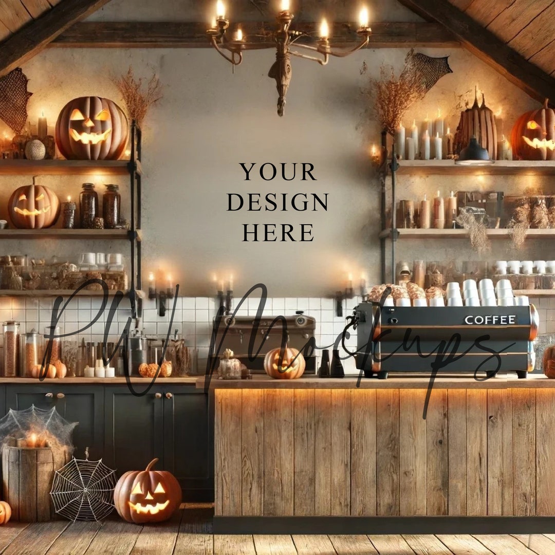 Halloween Coffee Bar Blank Wall Mockup, Kitchen Empty Wall Mockup ...