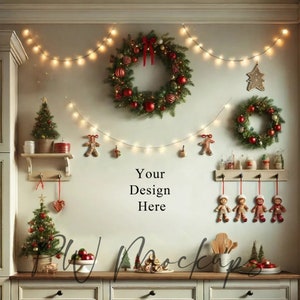 Weihnachtsküche leere Wand Mockup, leere Wand Mockup, Weihnachtsküche Mockups, Mockup für digitale Kunst und Bauernhaus Mockup