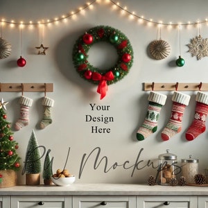 Weihnachtsküche leere Wand Mockup, leere Wand Mockup, Weihnachtsmodell, Mockup für digitale Kunst und Bauernhaus Mockup, frohe Weihnachtsküche