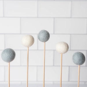 wool pompom cake toppers set of 5 light blue, white cupcake, donut idea minimalist party decor simple kids birthday baby shower image 2