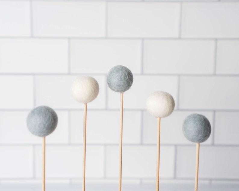 wool pompom cake toppers set of 5 light blue, white cupcake, donut idea minimalist party decor simple kids birthday baby shower image 2