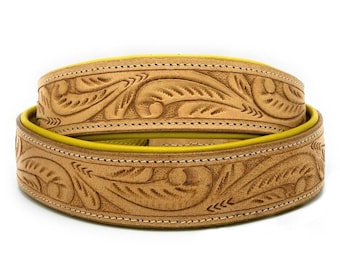 Badri Genuine Leather Dog Collar Floral Tooling Handmade Western Dog Collar Brown Leather Dog Collar With D-ring Adjustable Dog/Cat Collar