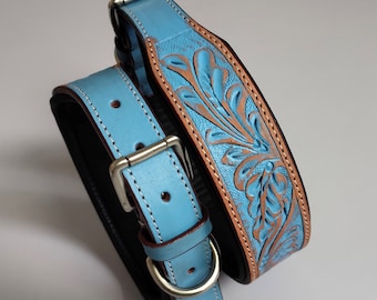 Badri Genuine Leather Western Dog Collar Floral Tooling Pattern Handmade Dog Collar Blue Premium Leather Fully padded Adjustable Dog Collar