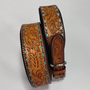 Badri Genuine Leather Brown Dog Collar Floral Pattern Tooling Leather handmade Dog Collar Large Dog Collar Padded Premium Dog/Cat collar