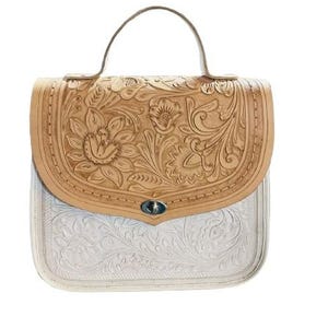 Badri Western Premium Leather Handmade Handbag Tooling Genuine Leather Handbag White Leather Handbag Vintage Floral Tooled Bag for Party
