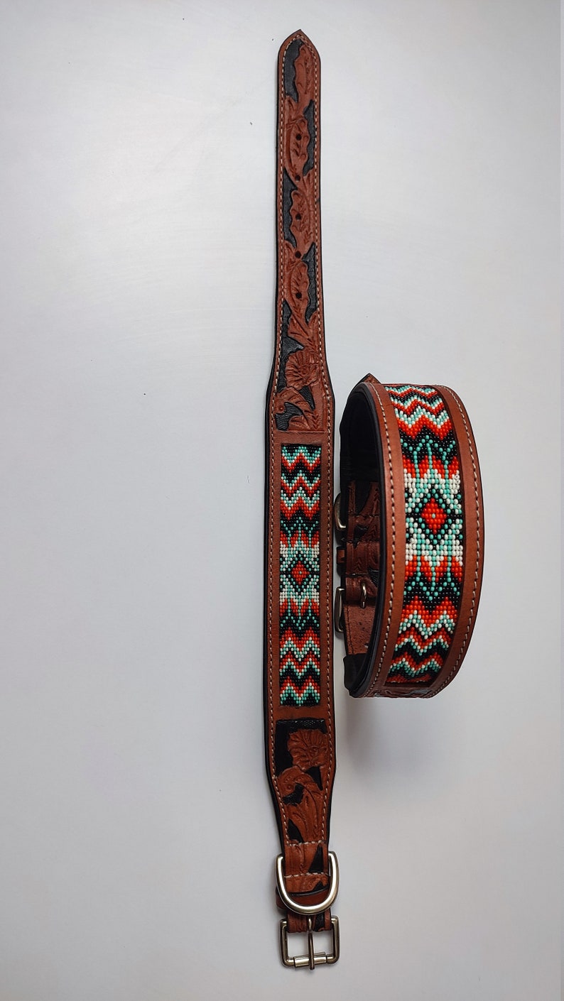 Beaded Hand Tooled Hand Crafted Padded Genuine Leather Dog Collar image 2