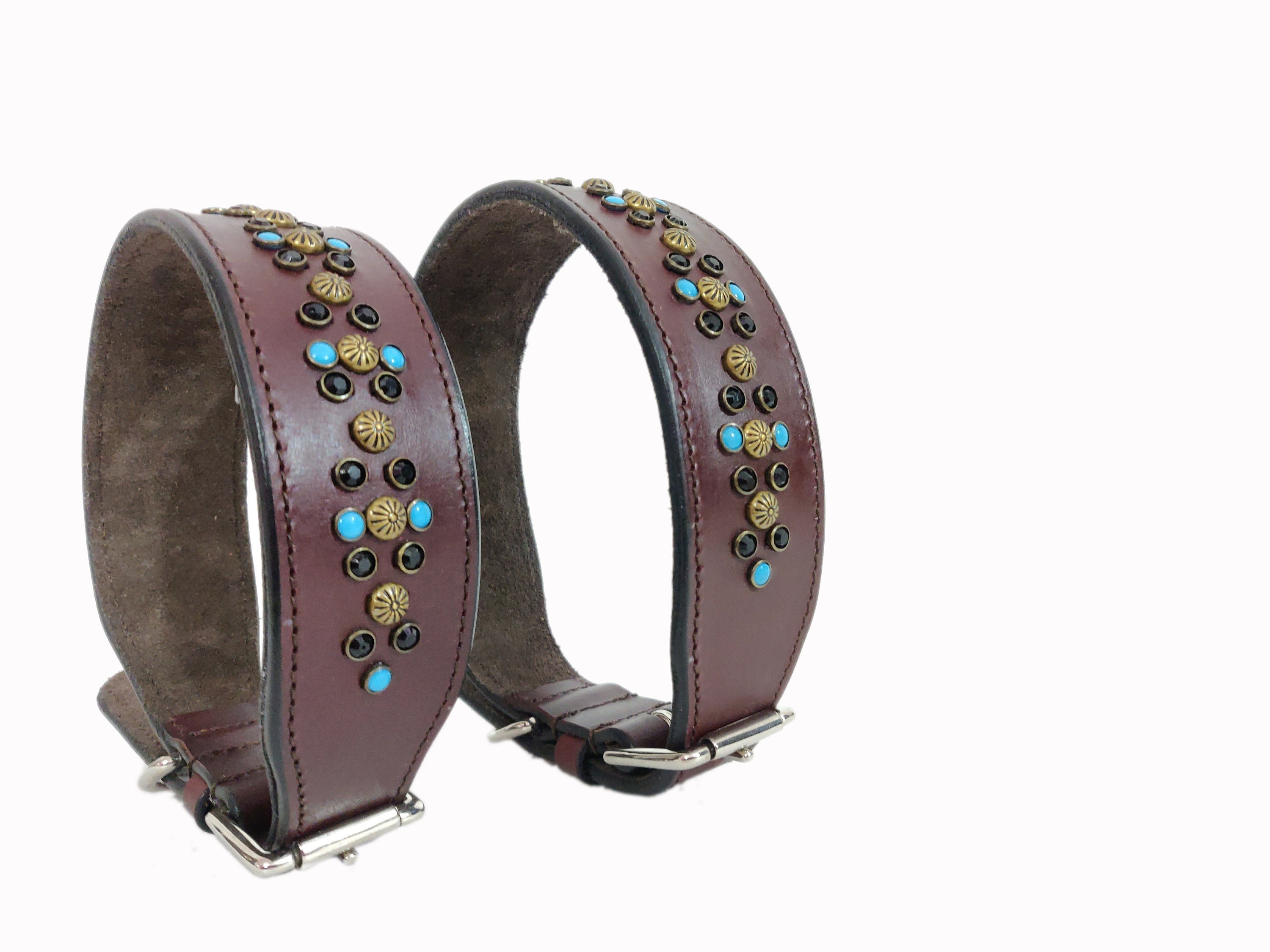 Badri Genuine Leather Handmade Dog Collar Rhinestones Premium Leather Double-Ply Dog Collar Brown Dog Collar Adjustable Dog/Cat Collar