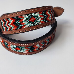 Beaded Hand Tooled Hand Crafted Padded Genuine Leather Dog Collar image 1