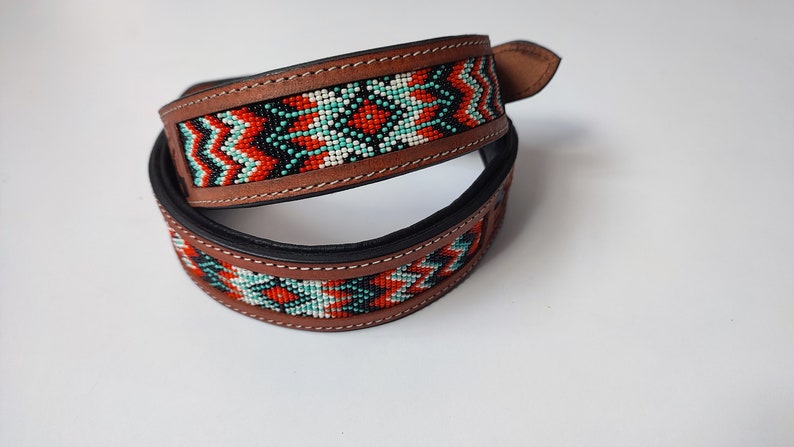 Beaded Hand Tooled Hand Crafted Padded Genuine Leather Dog Collar image 1