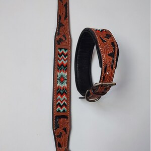 Beaded Hand Tooled Hand Crafted Padded Genuine Leather Dog Collar image 3