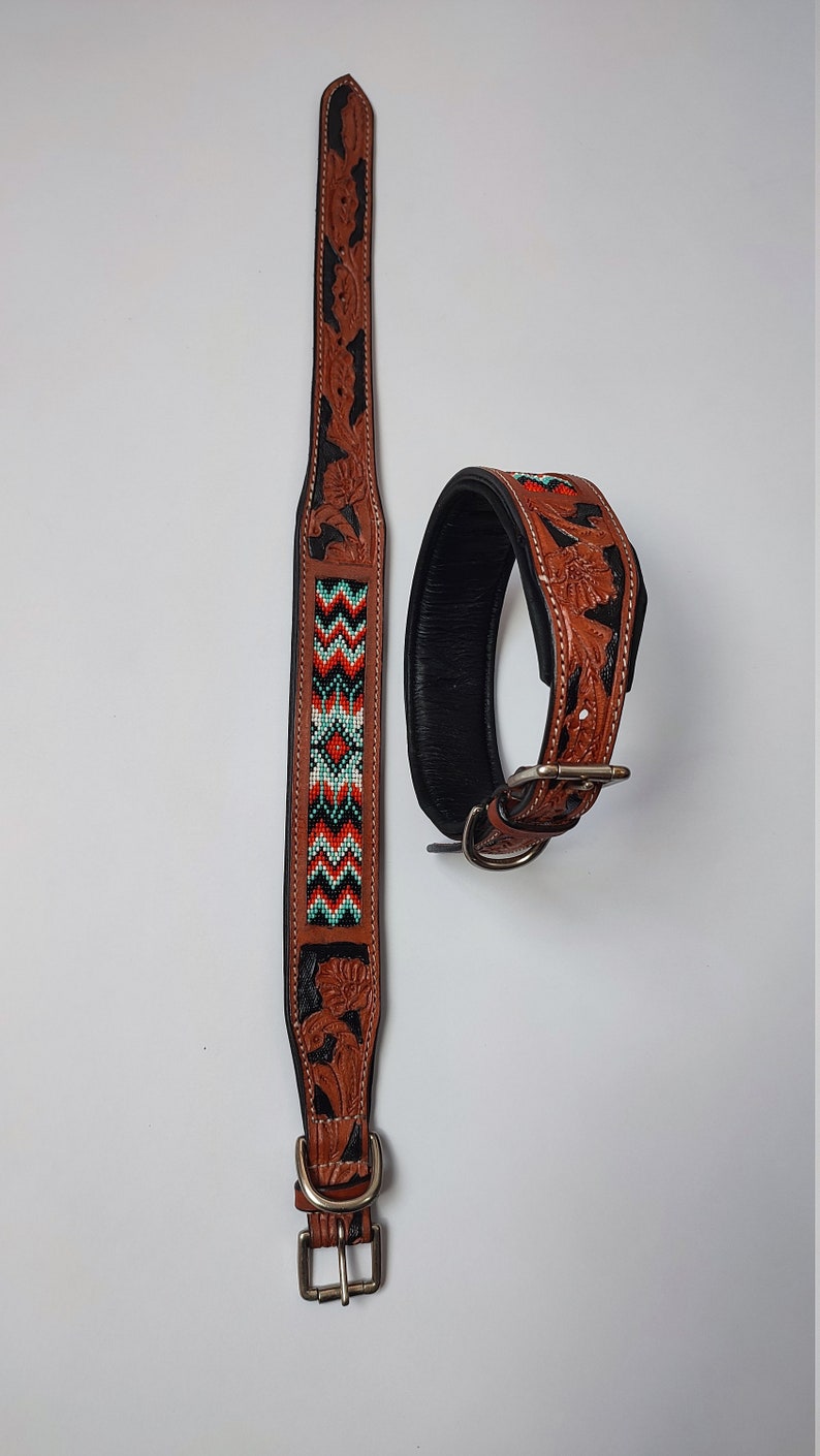 Beaded Hand Tooled Hand Crafted Padded Genuine Leather Dog Collar image 3